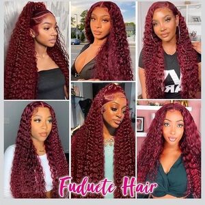22 Inch 99J Burgundy Deep Wave 13x6 Lace Front Wigs Human Hair 200% Density